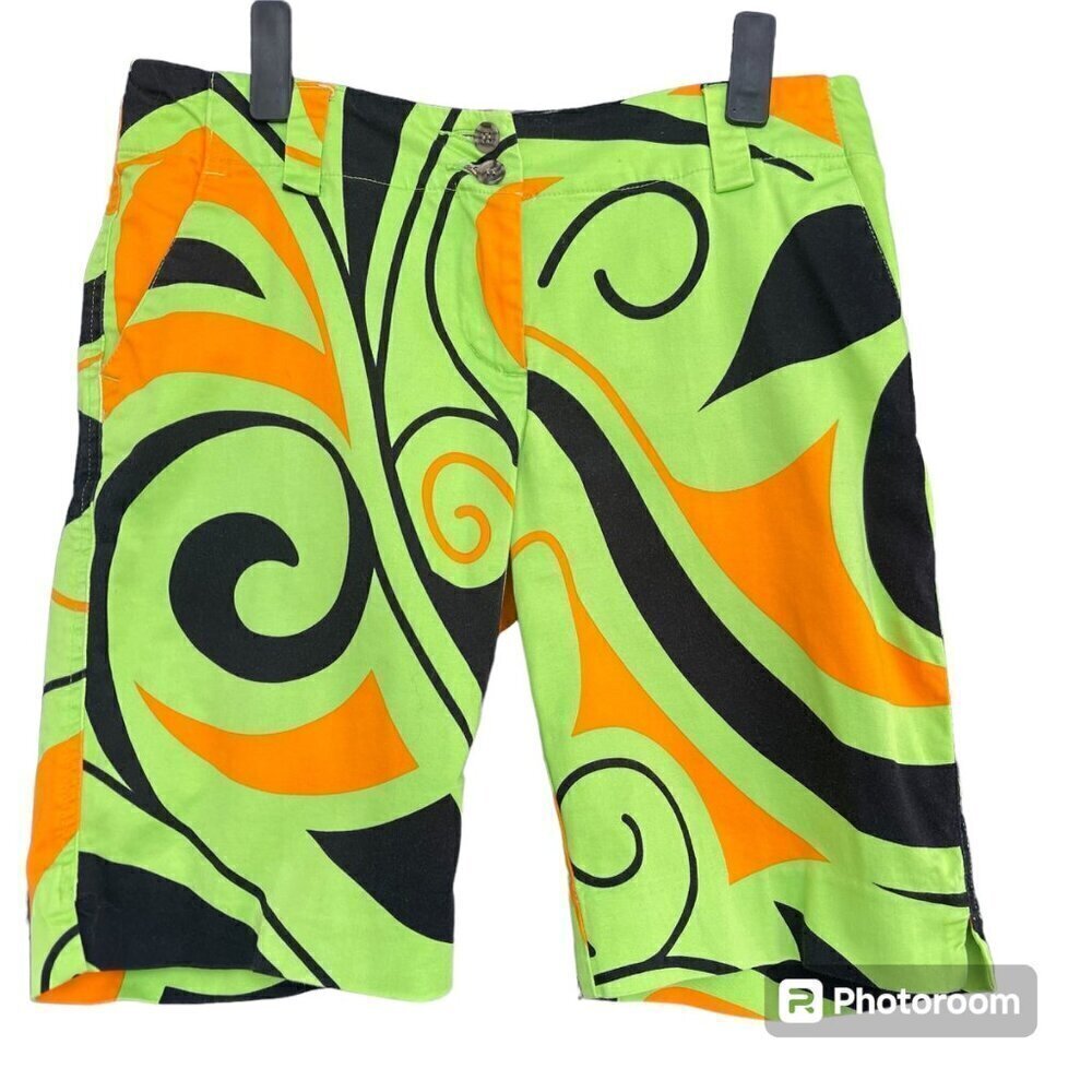 Loudmouth Shorts Womens Size 6 Green Orange Bermuda  Flat Front Golf Colorful